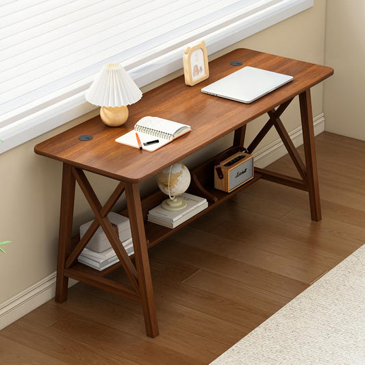 Extra Long Desk with Bookshelf - Wooden Home Office Work Study Table, Writing Computer Workstation with Storage Shelf in Wanut, 47" Wx16 Dx30 H