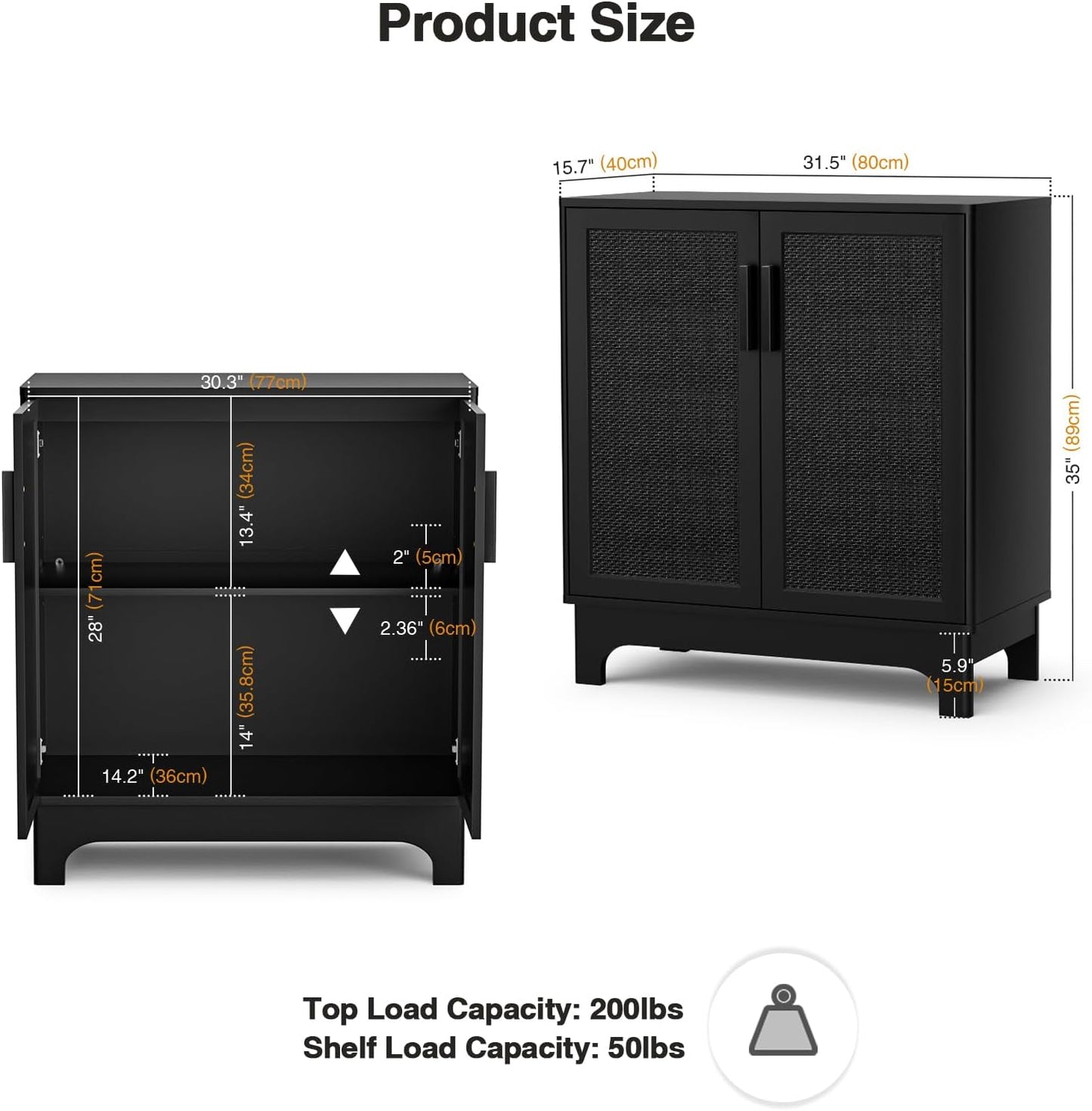 Black Rattan Cabinet, Natural Rattan Storage Cabinet with 2 Doors Adjustable Shelf Large Space Entryway Hallway Sideboard Buffet for Living Room Kitchen