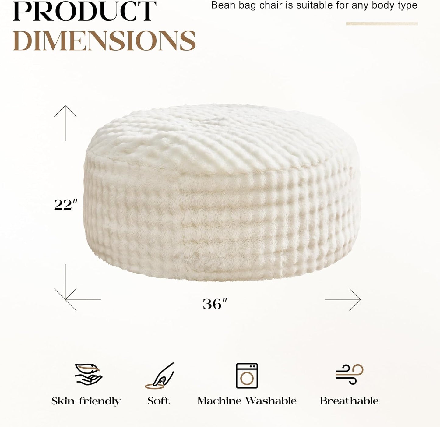 Hobestluk Bean Bag Chairs Beanbag Chair with Filler Adult Bean Bags with Fluffy & Machine Washable Cover, Giant Bean Bag Chairs for Adults (White, 3FT-36" x 36" x 22")