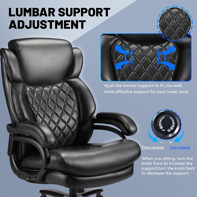 600lbs Big and Tall Office Chair, Executive Chair with Adjustable Headrest, High Back Extra Wide Seat, Heavy Duty PU Leather for Home Office, Comfortable Large Computer Desk Chair