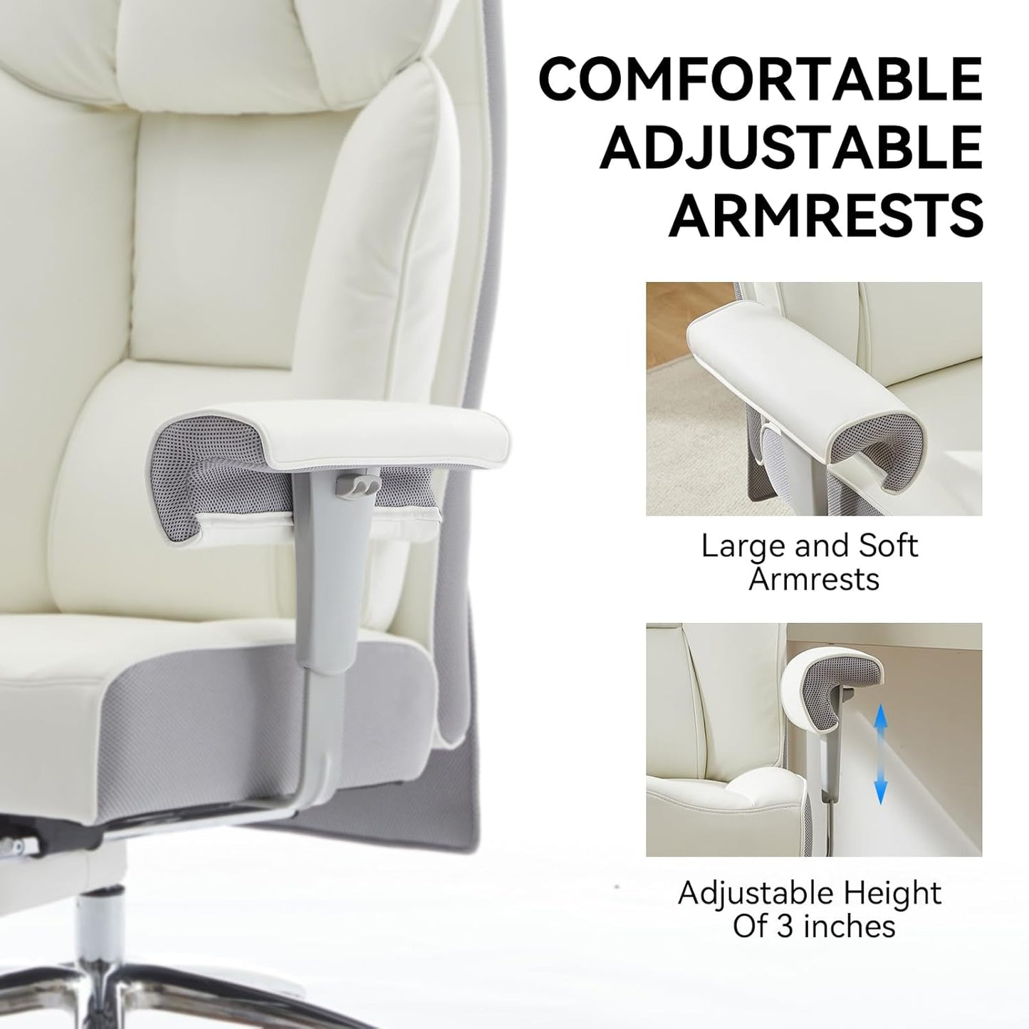 Efomao Big and Tall Office Chair 450LBS with Foot Rest, High Back PU Leather Executive Office Chair with Adjustable Padded Armrests, Lumbar Support for Home or Work, Heavy Duty Computer Chair, White