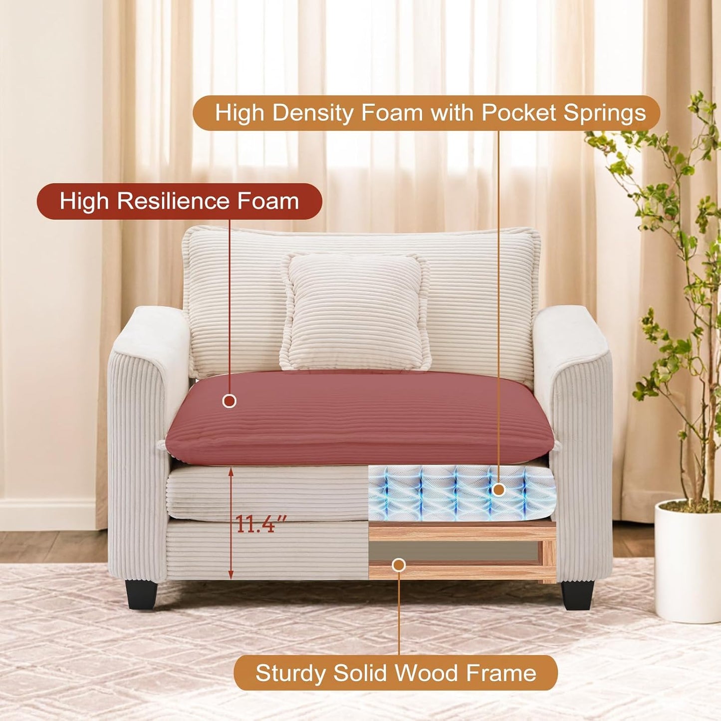 Furniliving Oversized Accent Chair with Ottoman, Luxury Corduroy Single Sofa, Upholstered Deep Seat Chaise Lounge with Pillows for Living Room, Bedroom, Apartment, Beige