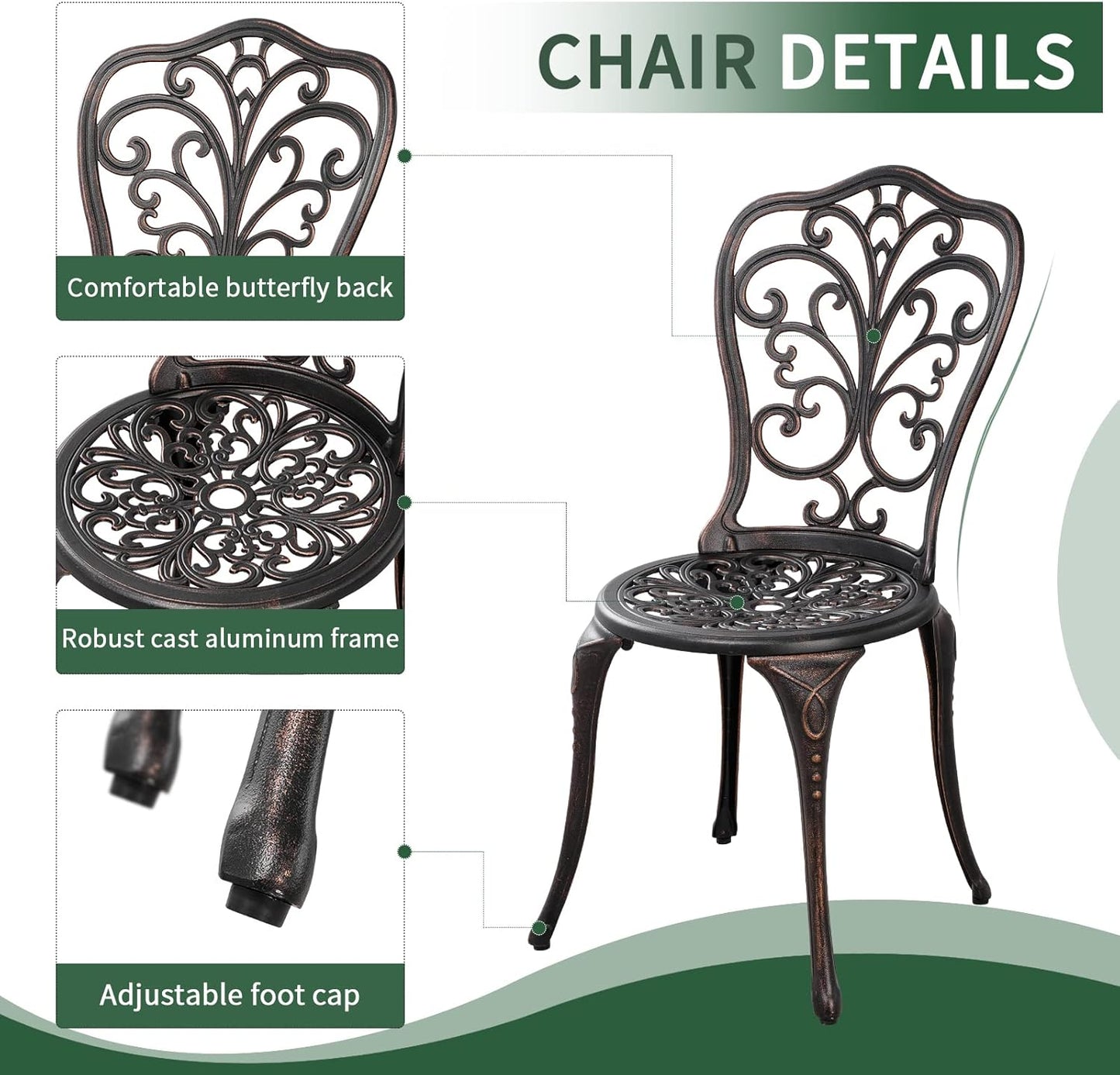 Outdoor Bistro Set 3 Piece Patio Bistro Set with Umbrella Hole, Weather Resistant Bistro Table and Chairs Set of 2 for Porch Garden, Bronze