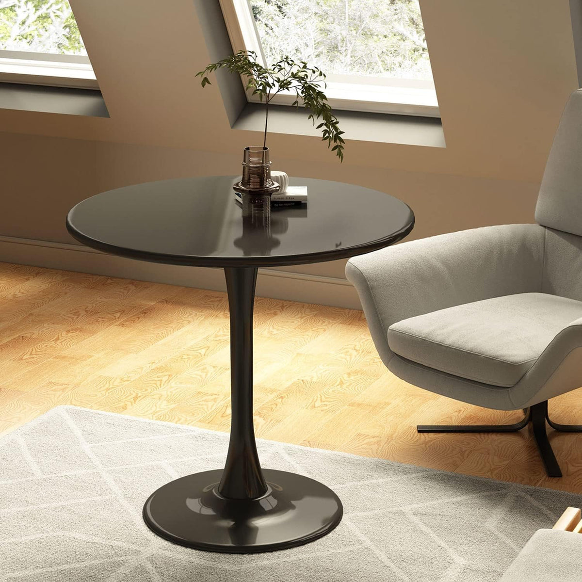 24 Inch Black Small Tulip Table, Round Dining Table for 2 Person with Pedestal for Kitchen, Circle Bistro Table, Mid Century Modern Cafe Tables for Small Spaces in Living Room, Office, Coffee,Pub, Bar