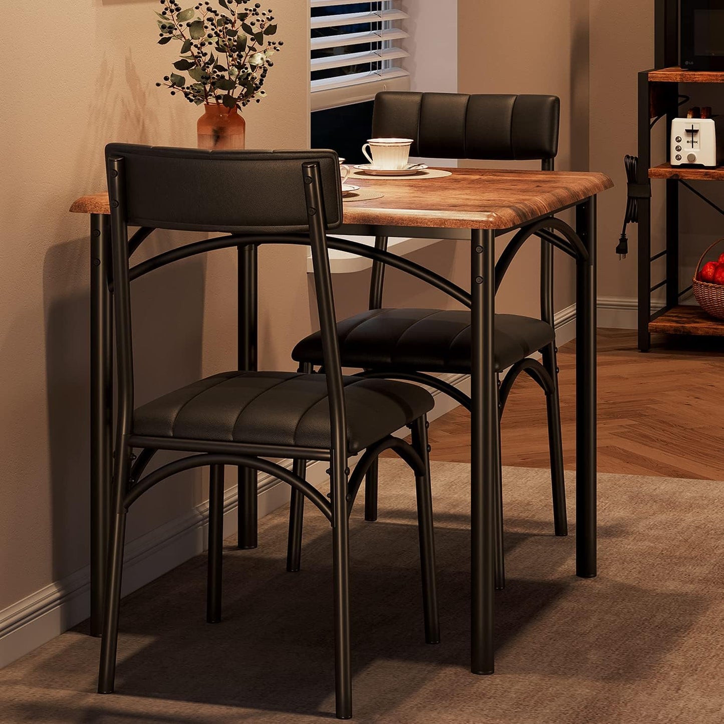 GarveeHome Dining Table Set for 2, Kitchen Table with 2 Upholstered Chairs, Wood Square Dining Table and Chairs Set for Small Space, Apartment, Dinner, Rustic Brown