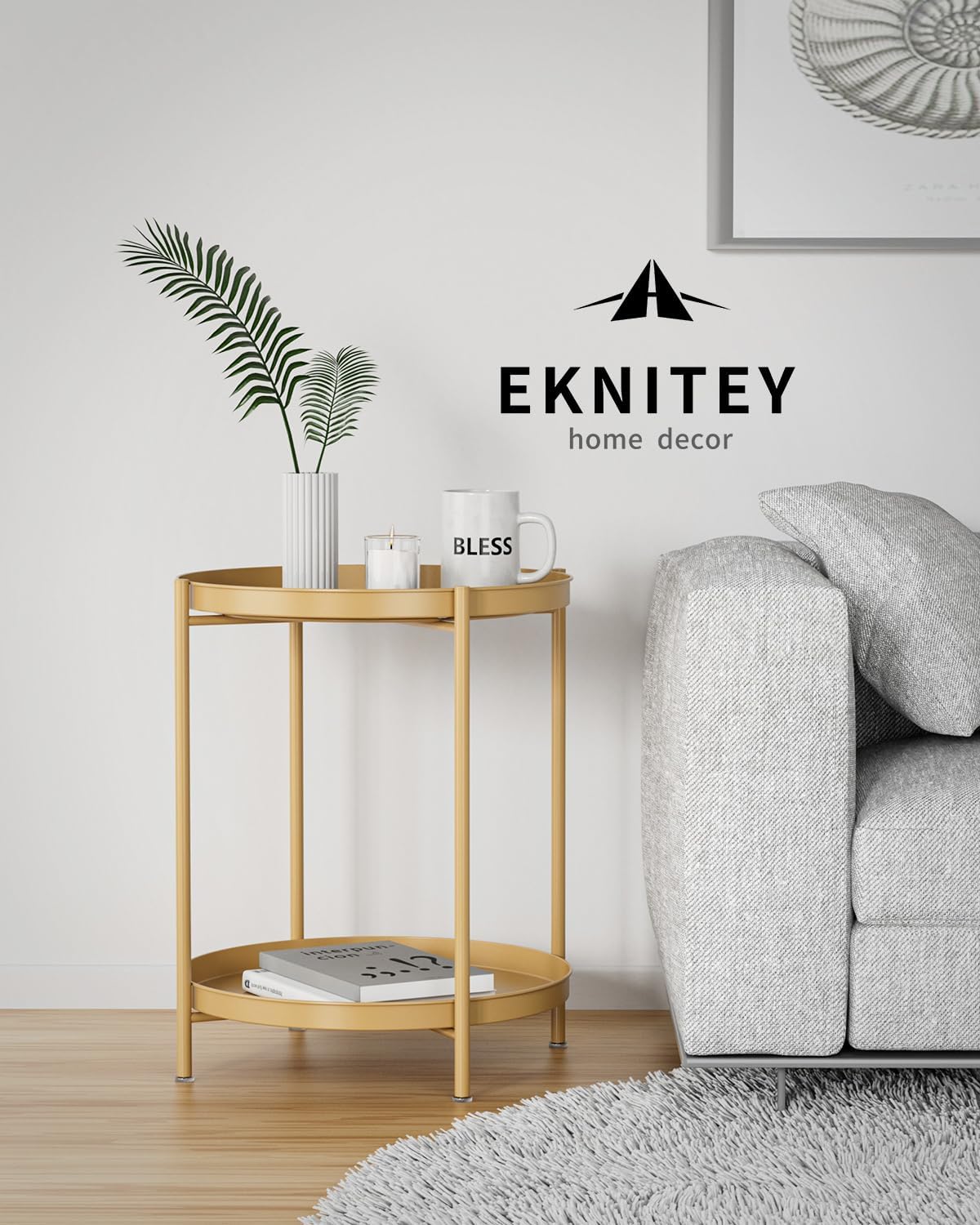 EKNITEY 2 Tier Side Table - Metal end Table Waterproof Small Sofa Coffee Side Tables Bedroom Indoor Outdoor with Removable Tray for Living Room Bedroom Balcony and Office