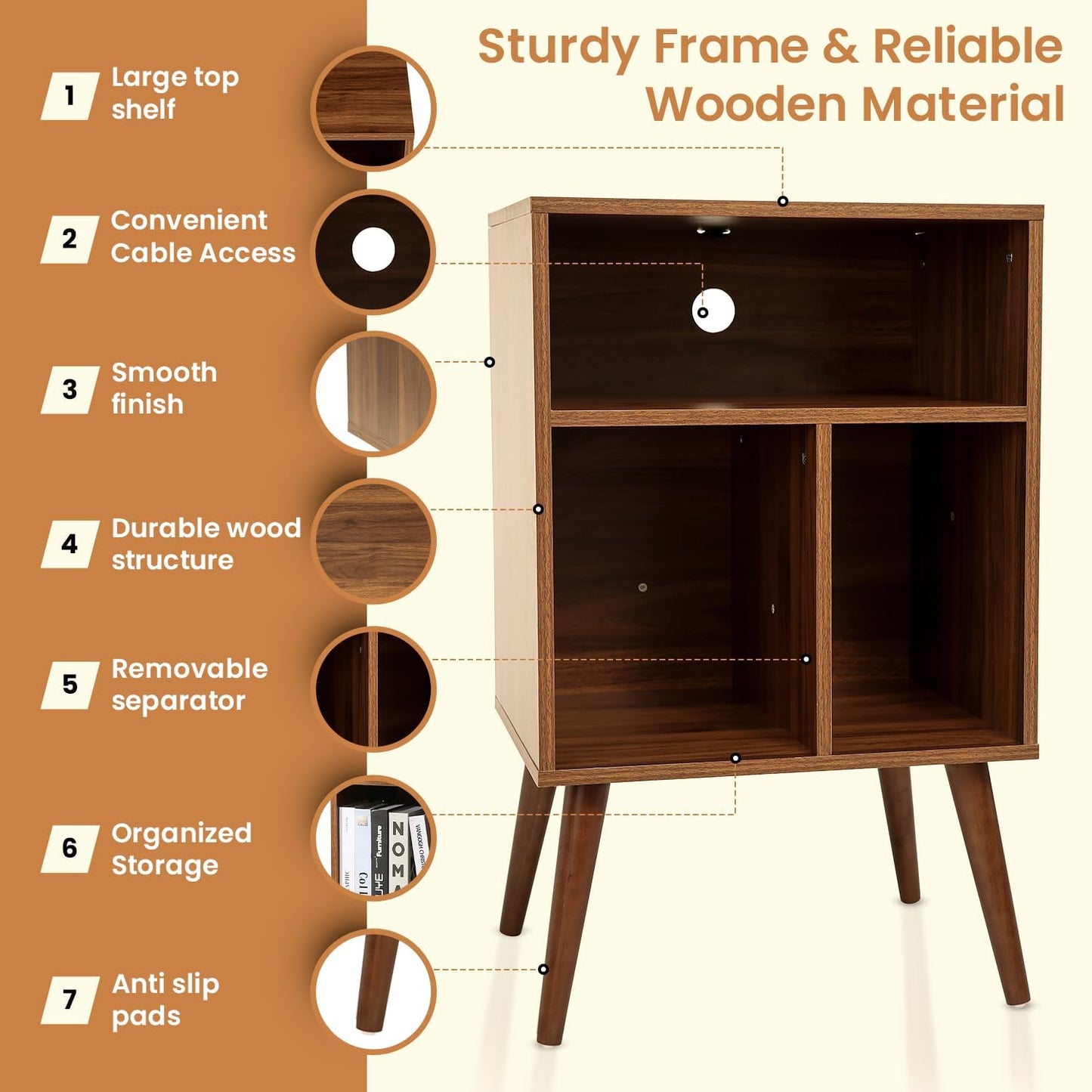 Record Player Table – 20 x 15.75 x 32 Inches- Vintage Decor Side Table with Wood Legs, Record Holder Stand - Walnut Finish Retro Furniture Storage Cabinet for Living Room, Bedroom, Kitchen