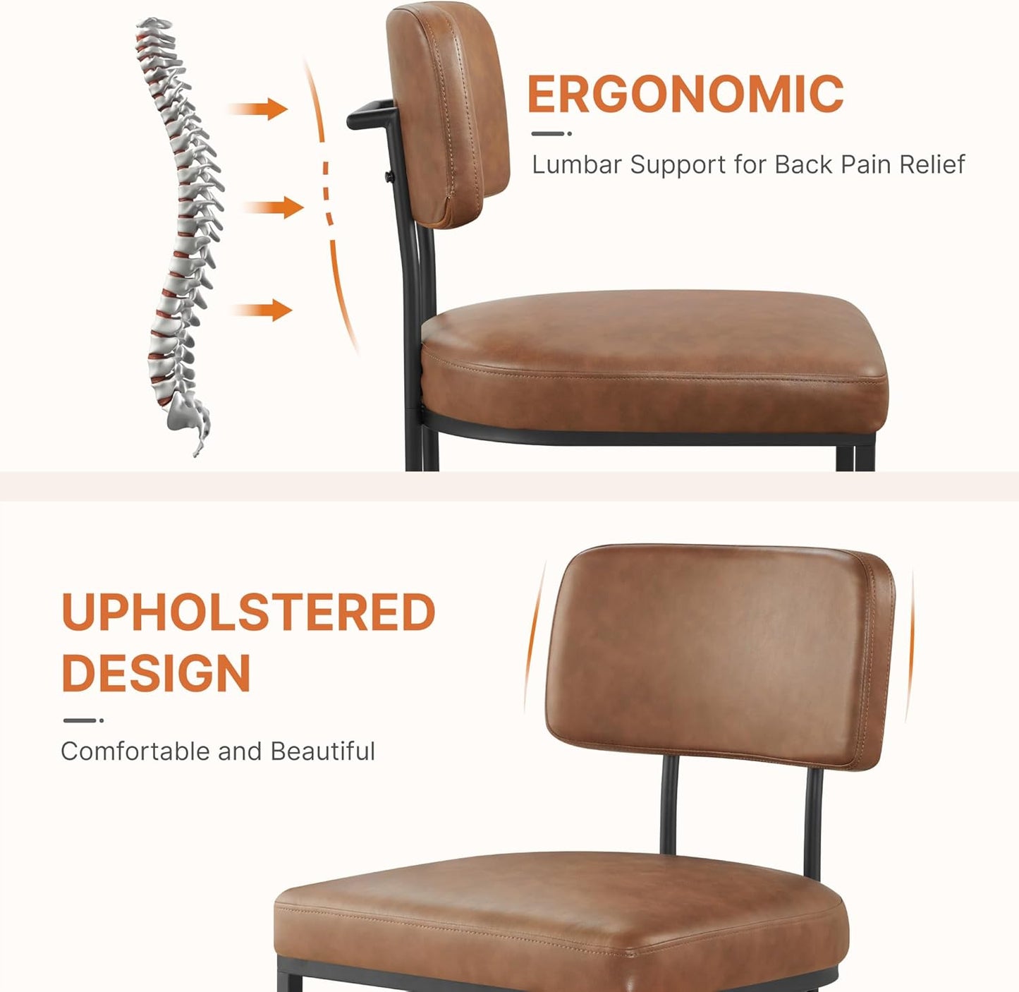 Dining Chairs Set of 4, Upholstered Modern Kitchen Chairs with Ergonomic Backrest, Faux Leather Cushion Seat & Metal Legs for Living Room, Restaurant, and Café, Brown, 2 Boxs