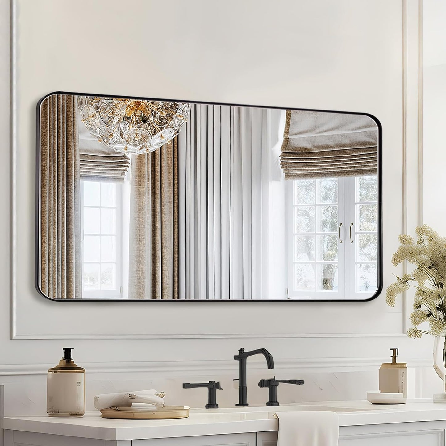 Black Mirrors for Bathroom, 24"x40" Rounded Corner Rectangle Mirror, Modern Metal Frame Bathroom Vanity Mirror for Home Decor Living Room Entryway (Horizontal/Vertical)