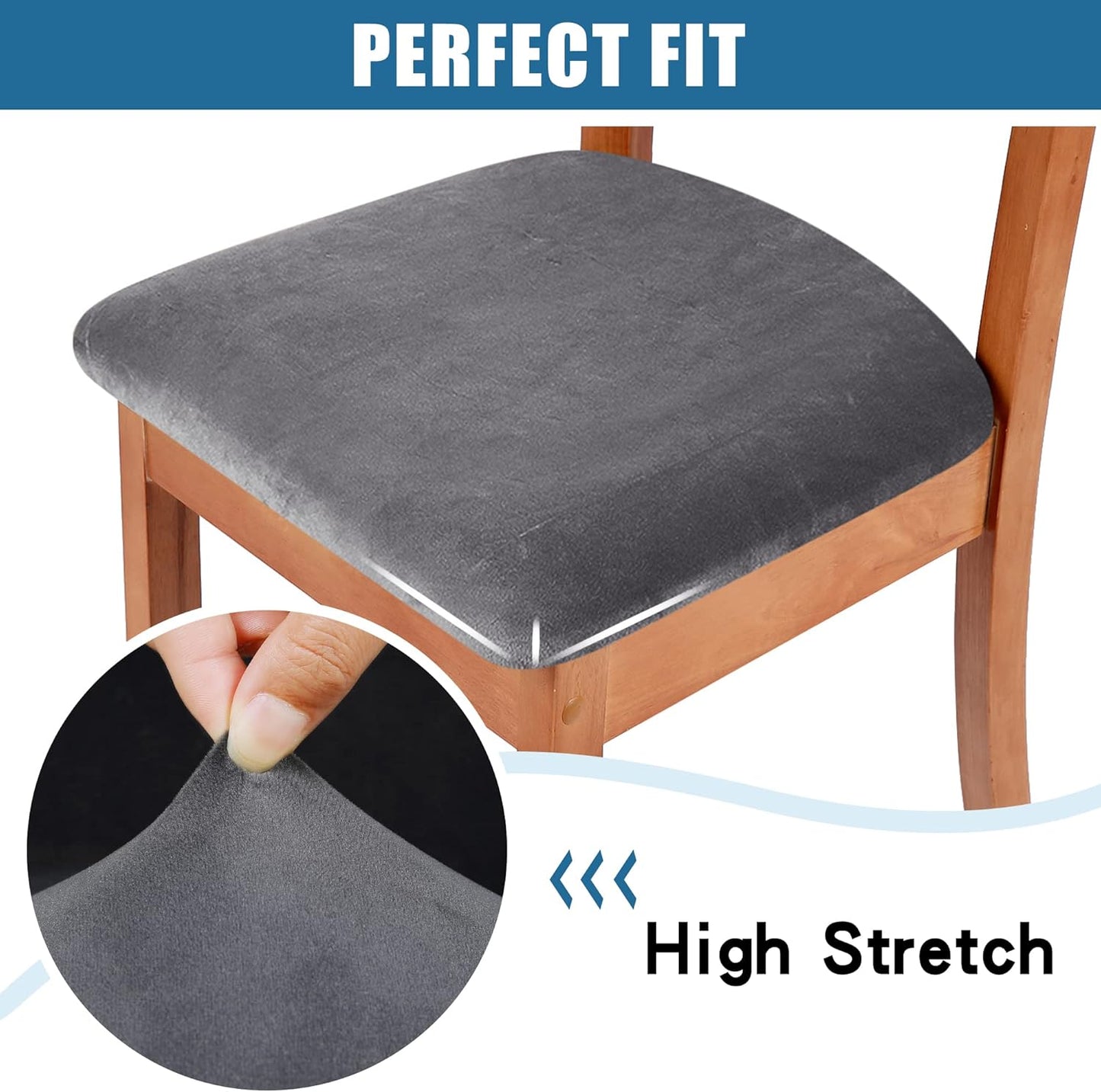 Smiry Velvet Seat Covers for Dining Room Chair Set of 6, Stretch Fit Removable Washable Chair Seat Cushion Protector Slipcovers with Ties, Grey