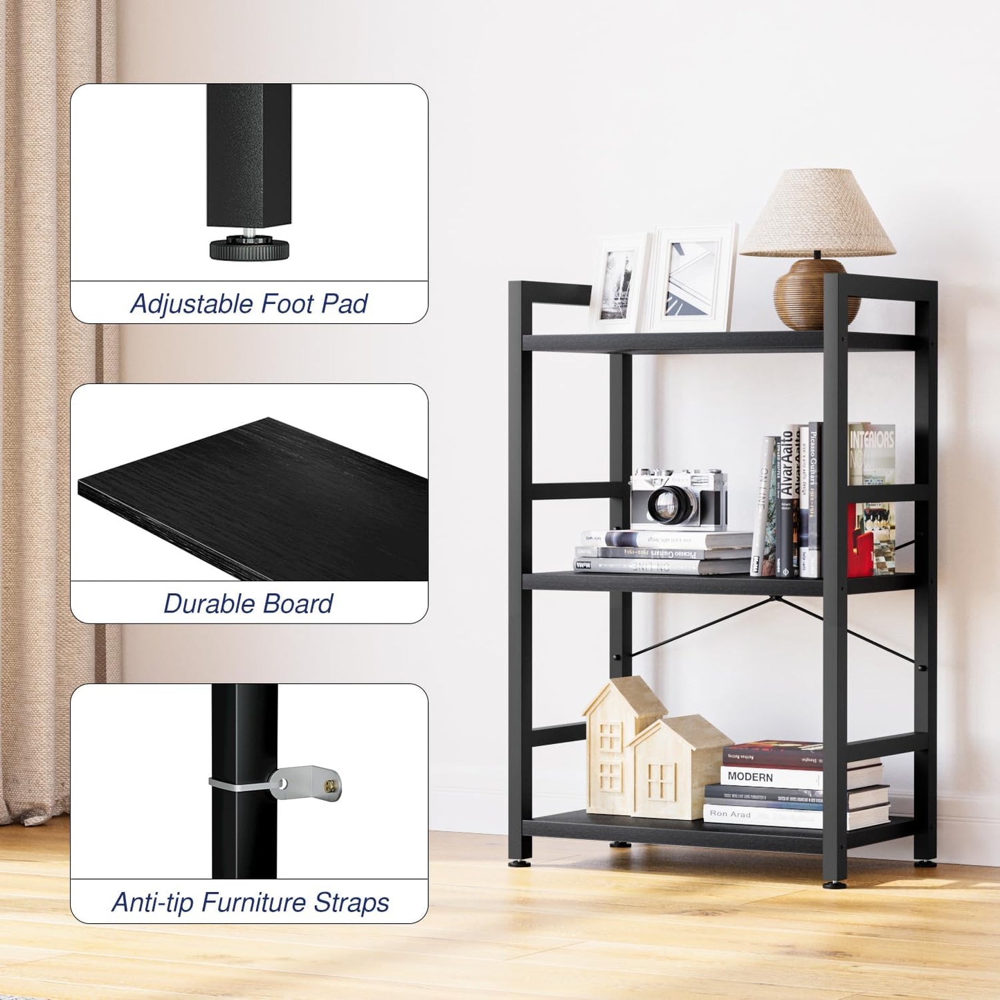 NUMENN 3 Tier Slim Bookshelf, Bookcase Shelf Storage Organizer, Modern Book Shelf for Bedroom, Living Room and Home Office, Black