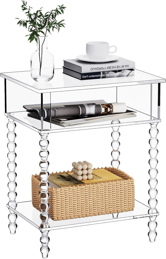 Acrylic Side Table, Clear 3-Tier End Table with Storage, Nightstand for Living Room, Bedroom, Office (Clear, 11.8 ×15.7 × 19.7)