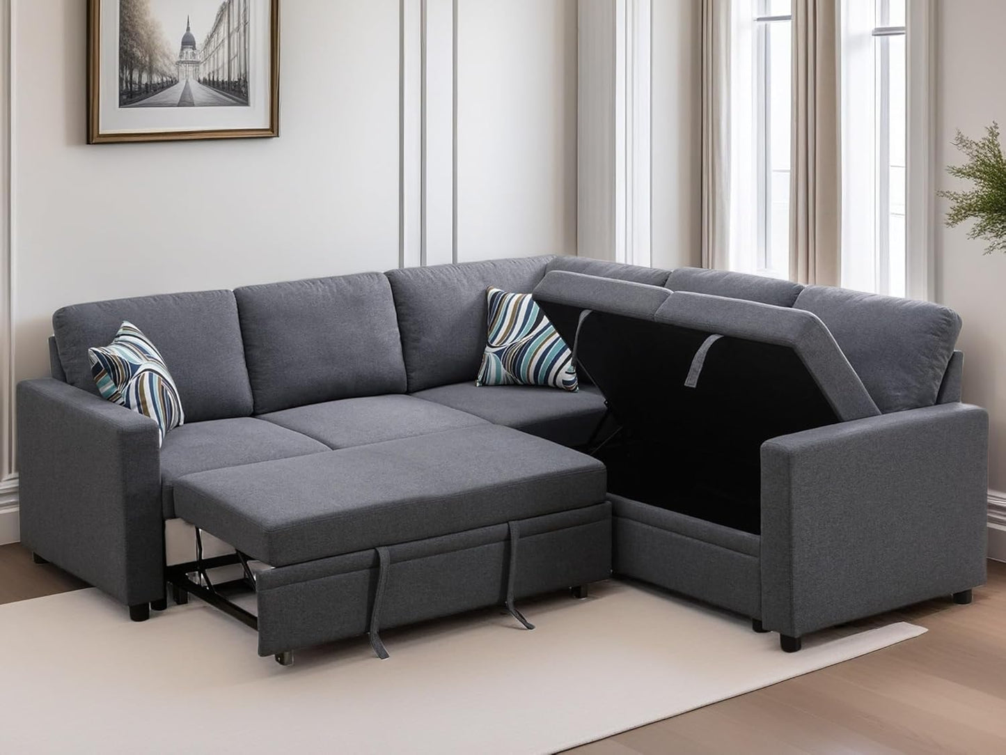 L Shaped Sectional Couch with Pull Out Bed, Convertible Sleeper Sofa Bed Couch with Storage, Modern Modular L Shaped Sofa for Living Room, Bedroom, Apartment, Grey