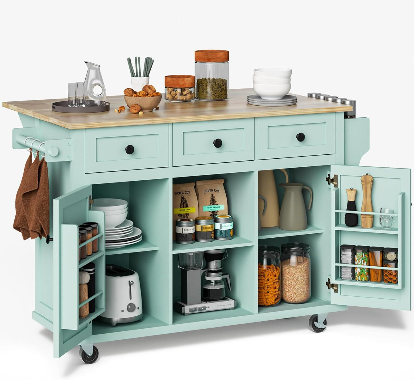 Rovibek Rolling Kitchen Island with Drawer, Kitchen Island Cart with Storage, Portabl Island for Kitchen with Large Storage Cabinet, Shelf and Drawer, 53 Inch Width, Green