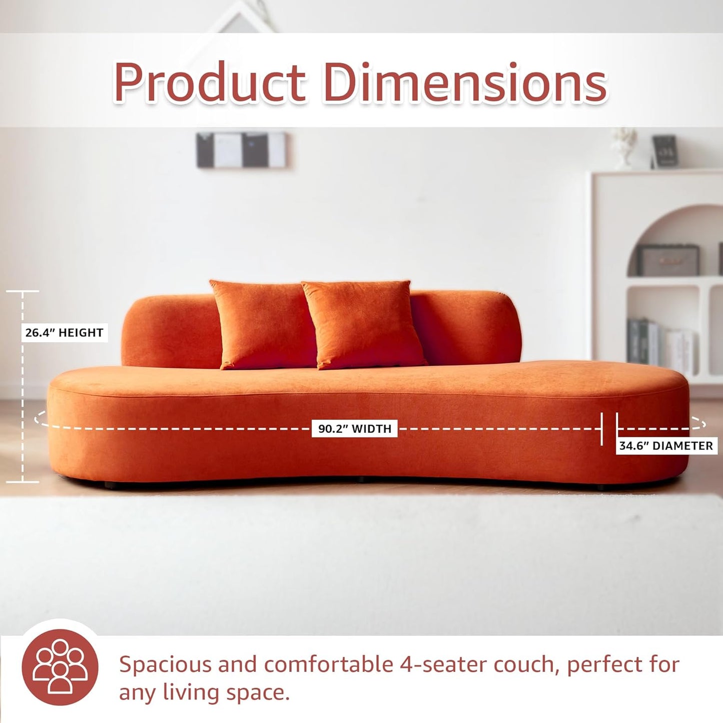 Container Furniture Direct 90" Curved Sofa with Throw Pillows, 4 Seater Luxury Velvet Couch with Half Moon Design and High-Density Foam, Ideal for Modern Living Room, Office & Apartment, Red Orange