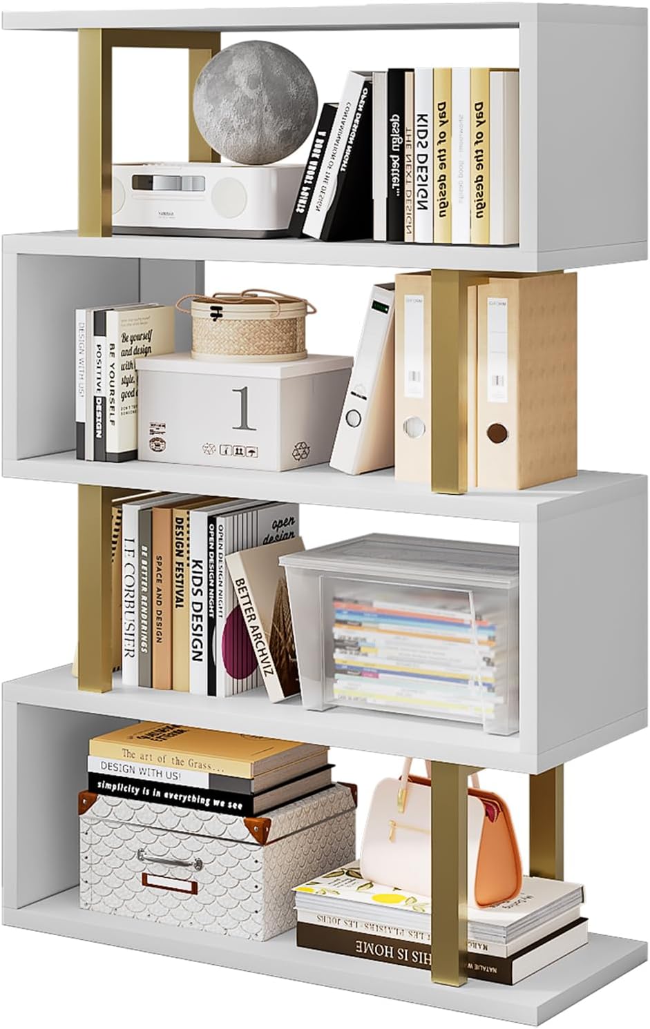 SORCEDAS Bookshelf Geometric Bookcase S Shaped Industrial Bookshelf Storage Display Stand Shelf for Living Room Bedroom and Office Room (White, 4 Tier)