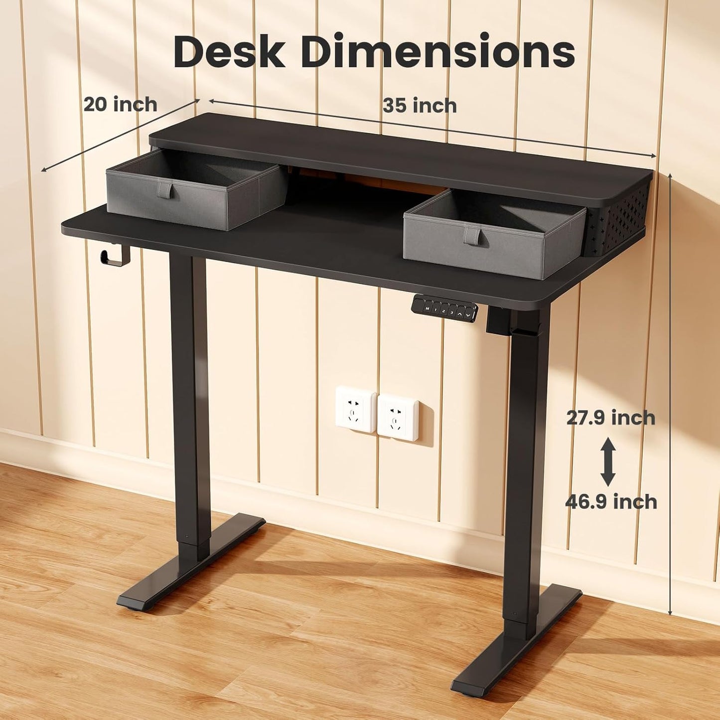 Small Standing Desk with Drawers and Brushless Motor,Electric Sit Stand Desk for Walking Pad,Ergonomic Stand Up Desk for Home Office & Gaming,3 Memory Height Preset & Hooks(35" x 20", Black)