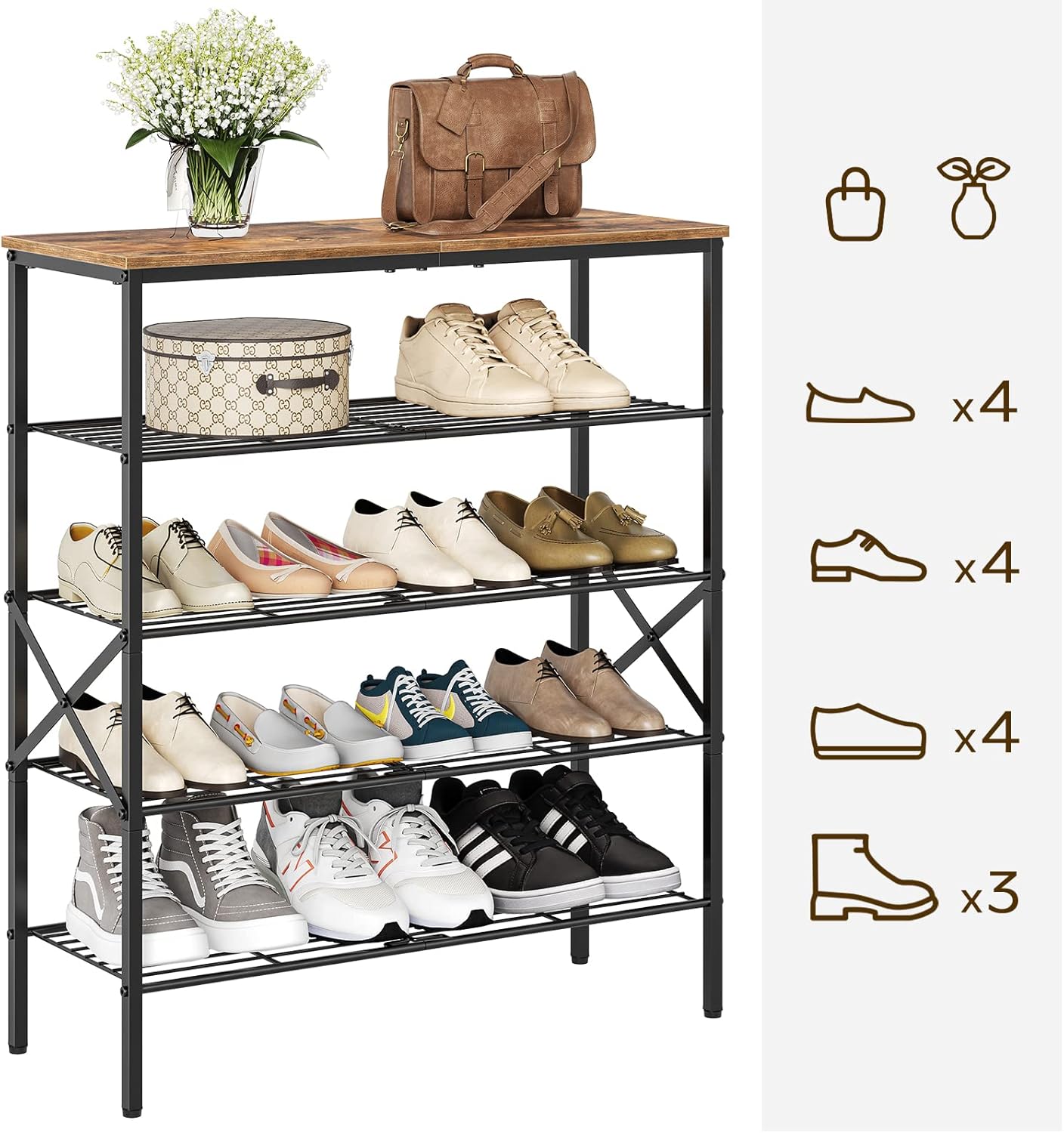 5-Tier Shoe Rack, Shoe Storage for Entryway and Closet, Free Standing Shoe Organizer with Metal Mesh Shelves, 16-20 Pairs of Shoes, Rustic Brown and Black SS05BR