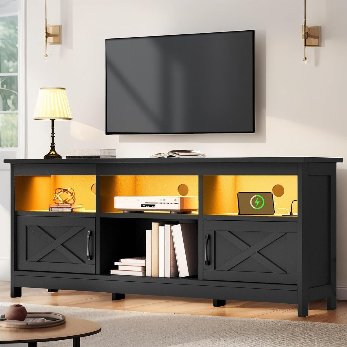 YITAHOME TV Stand for 65 Inch TVs, Entertainment Center with Storage Cabinets, Power Outlet & LED Light, Media TV Console with Barn Doors for Living Room, Black