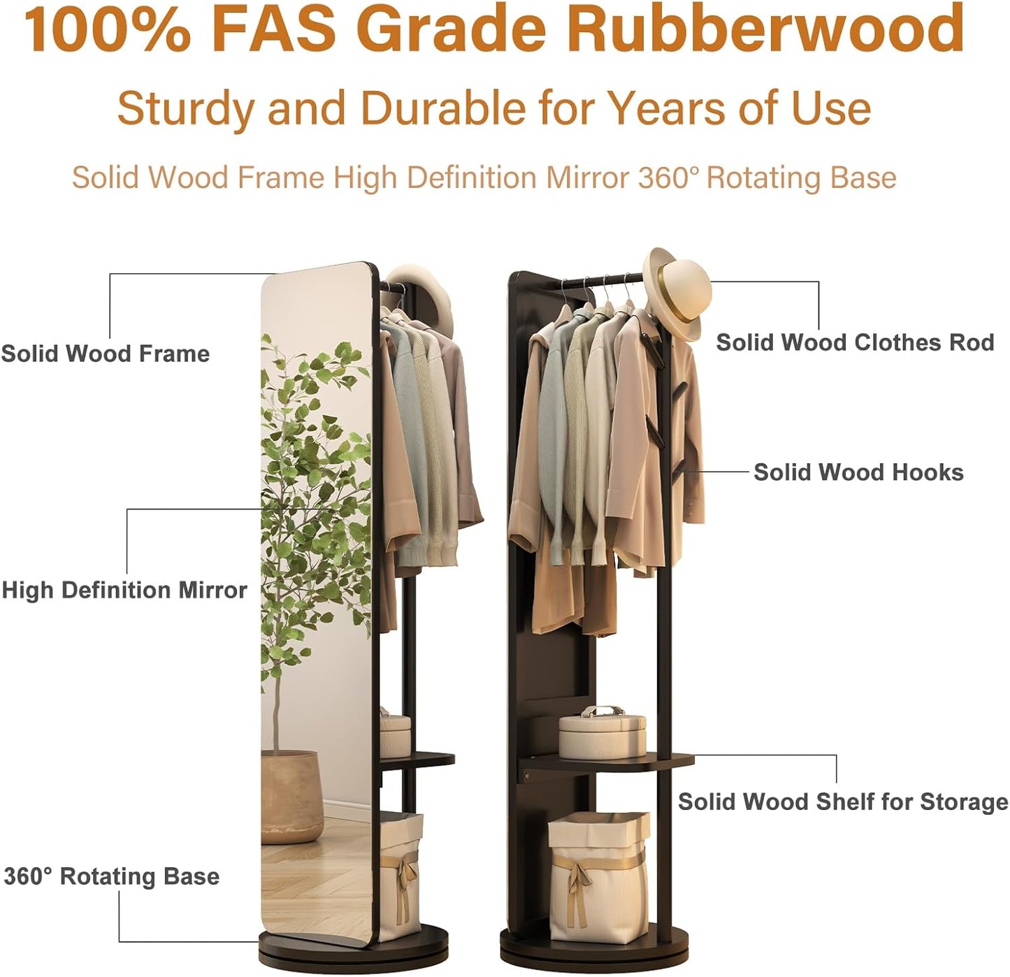 70"x16"Full Length Mirror with Stand,Coat Rack with Mirror,Solid Wood Floor Mirror,Swivel Mirrorfor Bedroom, Living Room, Cloakroom