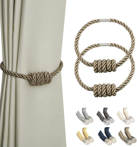 BEL AVENIR Magnetic Curtain Tiebacks, Decorative Drapery Holdbacks Modern Woven Tie-Backs with Exquisite Knot (Flaxen, 2 Pack)
