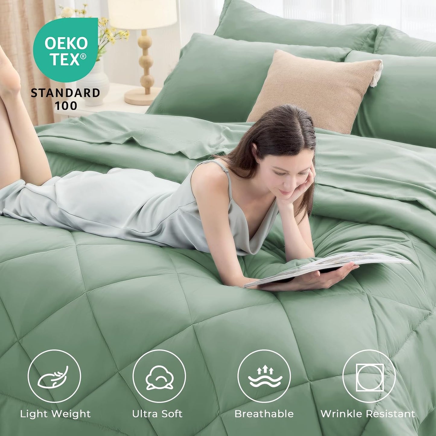 HEVUMYI Light Green Twin-XL Comforter Set - 5-Piece All Season Bed in a Bag Twin-XL, Ultra Soft Bedding Set with Comforter, Flat Sheet, Fitted Sheet, Pillowcases, Pillow Shams