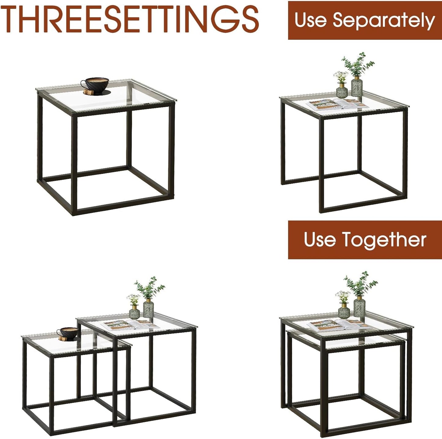 Garden 4 you Coffee Table Set of 2, Modern Glass Nesting Table, Metal Frame Square Center Table Set, Side Tables, Nesting Coffee Table for Living Room, Bedroom and Small Spaces, 19.7in Black