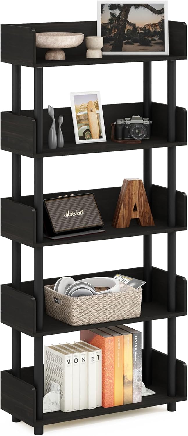 Furinno Turn-N-Tube 5-Tier Multipurposes Display Rack, Open Shelf Rack/Storage with Back & Side Panel, Espresso
