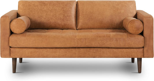 Poly & Bark Napa Leather Couch - 72 Inch Apartment Sofa with 2 Bolsters - Full-Grain Leather Sofa for Living Room with Feather-Down Topper - Living Room Couch - Vintage Italian Leather in Cognac Tan