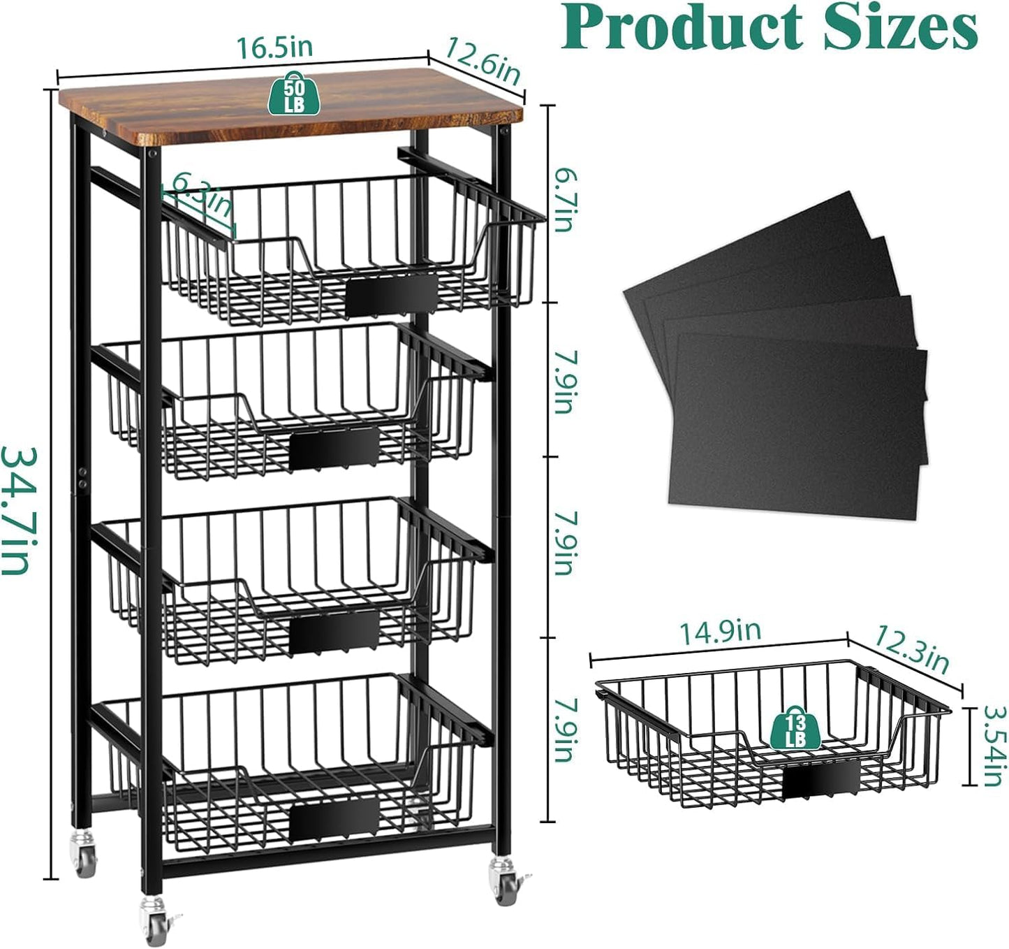 Kitchen Storage Cart with Wheels, 5-Tier Metal Utility Rolling Cart Fruit Vegetable Storage Basket Pantry Rack with Wood Top & Pull Out Baskets for Kitchen, Livingroom, Diningroom, Office