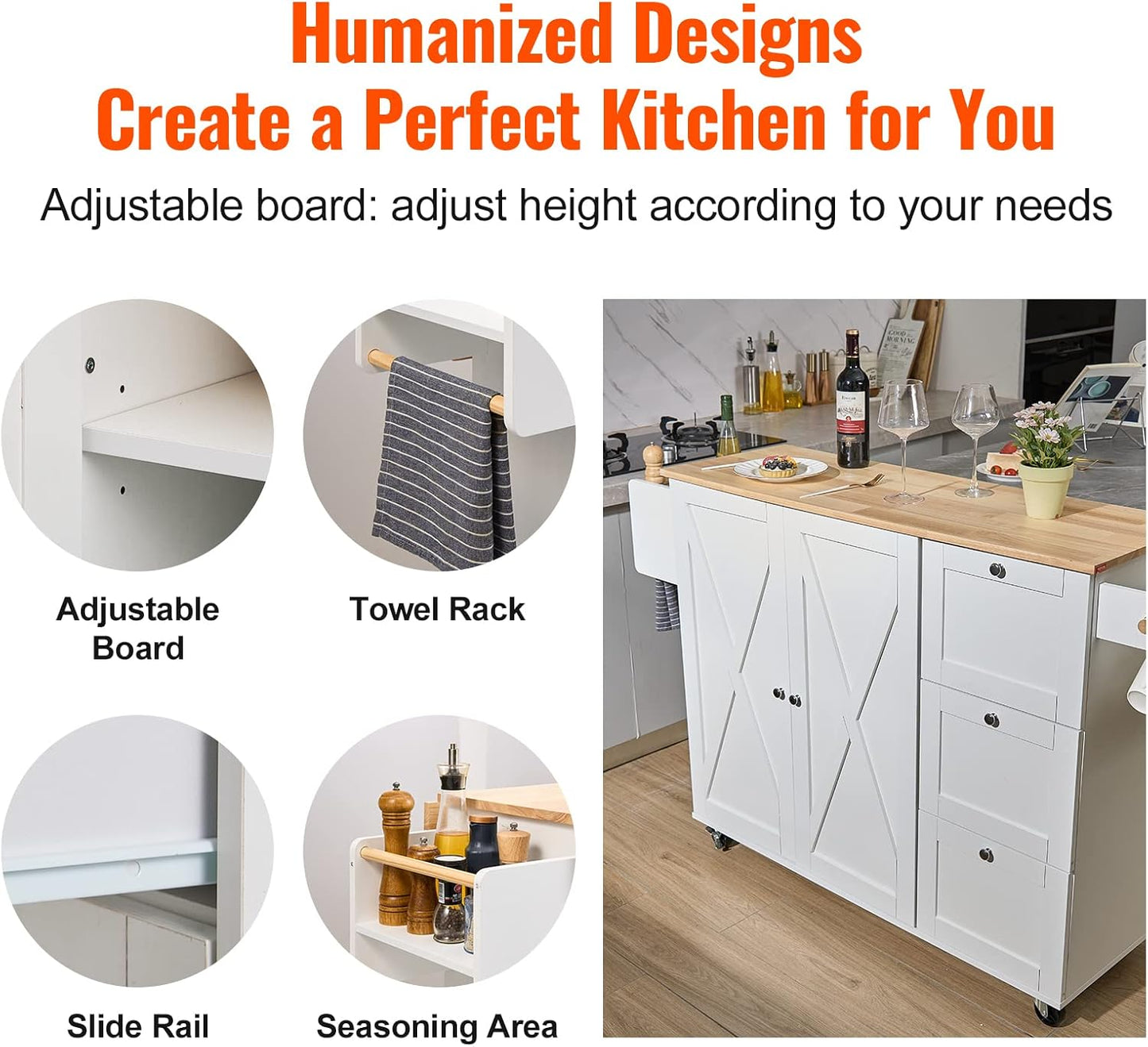 VEVOR Kitchen Island Cart with Solid Wood Top, 35.4" Width Mobile Carts with Storage Cabinet, Rolling Kitchen Table with Spice Rack, Towel Rack, Drop Leaf and Drawer, Portable Islands on Wheels, White