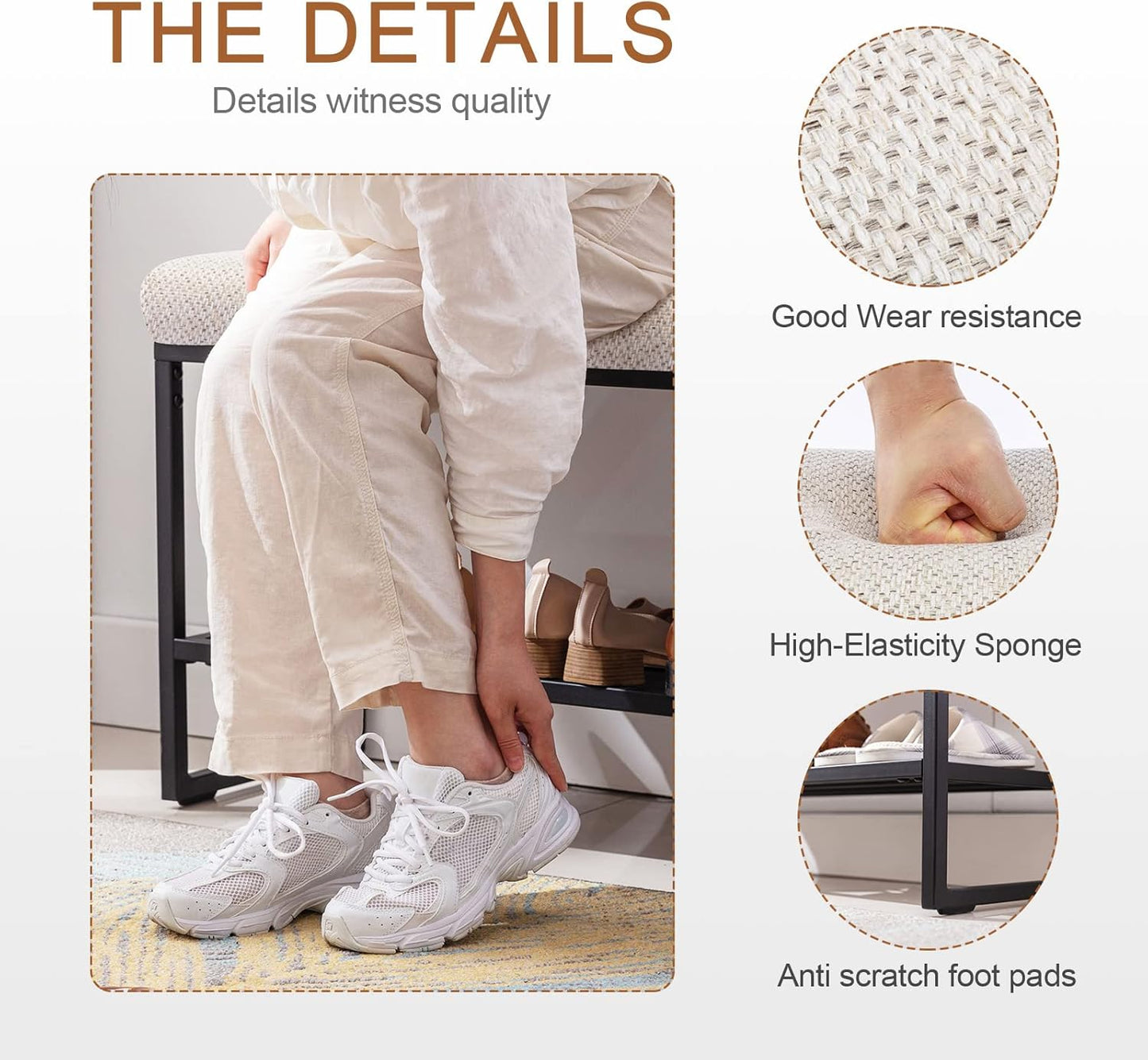 Zesthouse Upholstered Shoe Bench Entryway with Storage, Comfy Line Fabric Bench for Bedroom End of Bed, Metal Shoe Rack for Closet Hallway Doorway Living Room Mudroom, Beige