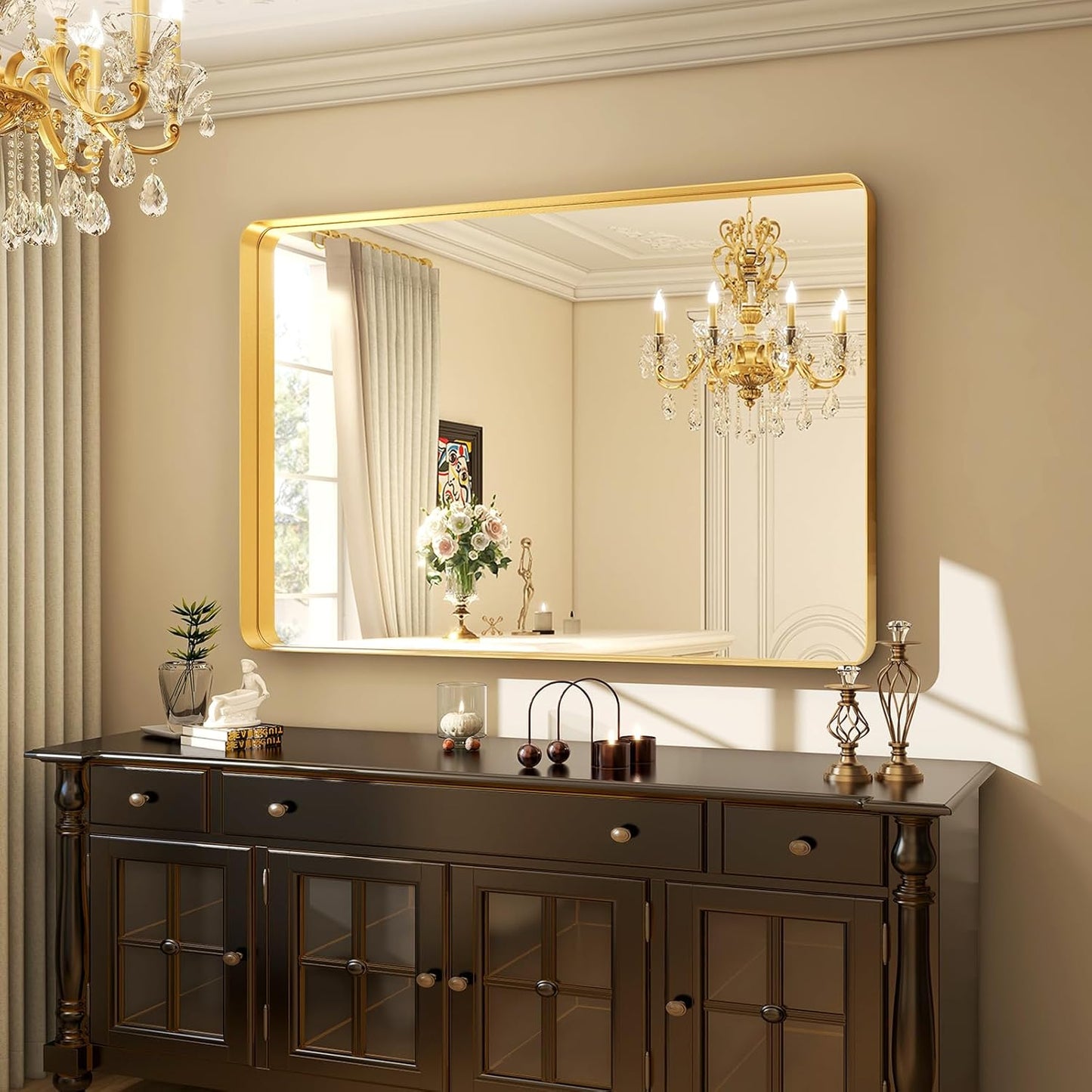 30 x 40 Inch Gold Bathroom Mirror for Wall,Aluminum Alloy Frame Rectangular Wall Mounted Mirror for Farmhouse Decor Horizontal or Vertical Ideal for Bedroom, Living Room