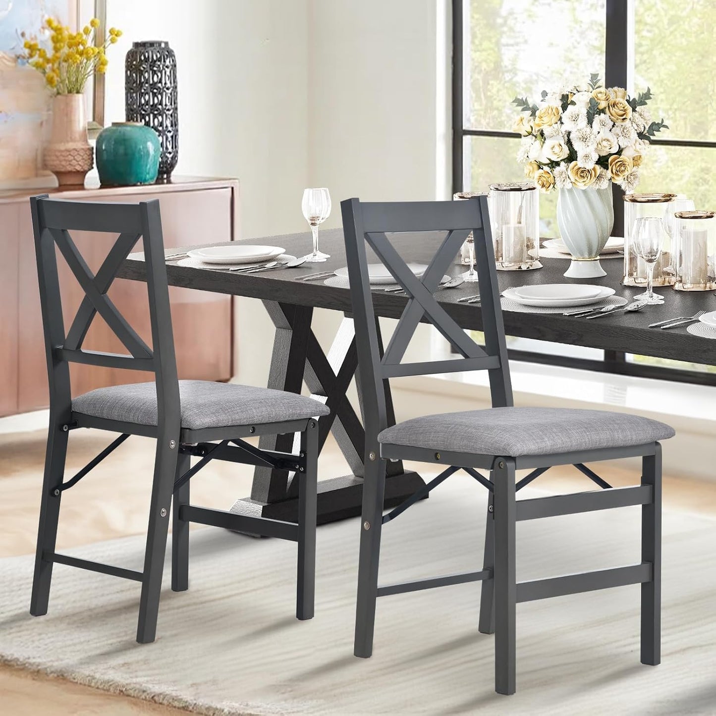 COLAMY Folding Dining Chairs Set of 2 – Dark Grey Upholstered Dining Room Chairs with Wooden Frame, Pre-Assembled, Space Saving Modern Kitchen & Dining Room Furniture for Small Spaces