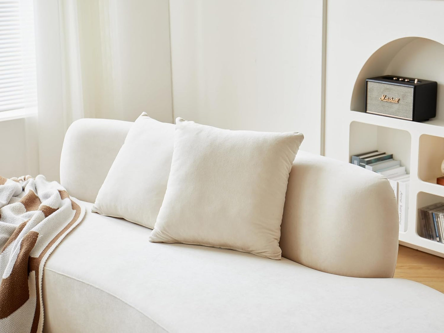 Container Furniture Direct 90" Curved Sofa with Throw Pillows, 4 Seater Luxury Velvet Couch with Half Moon Design and High-Density Foam, Ideal for Modern Living Room, Office & Apartment, Ivory