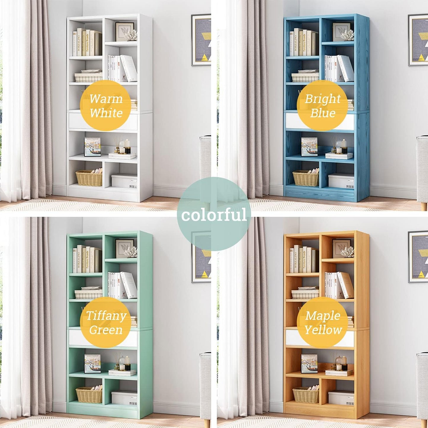 IOTXY Wooden Open Shelf Bookcase - 51" Height Freestanding Display Storage Cabinet Organizer with 7 Cubes and a Drawer, Floor Standing Bookshelf, Yellow