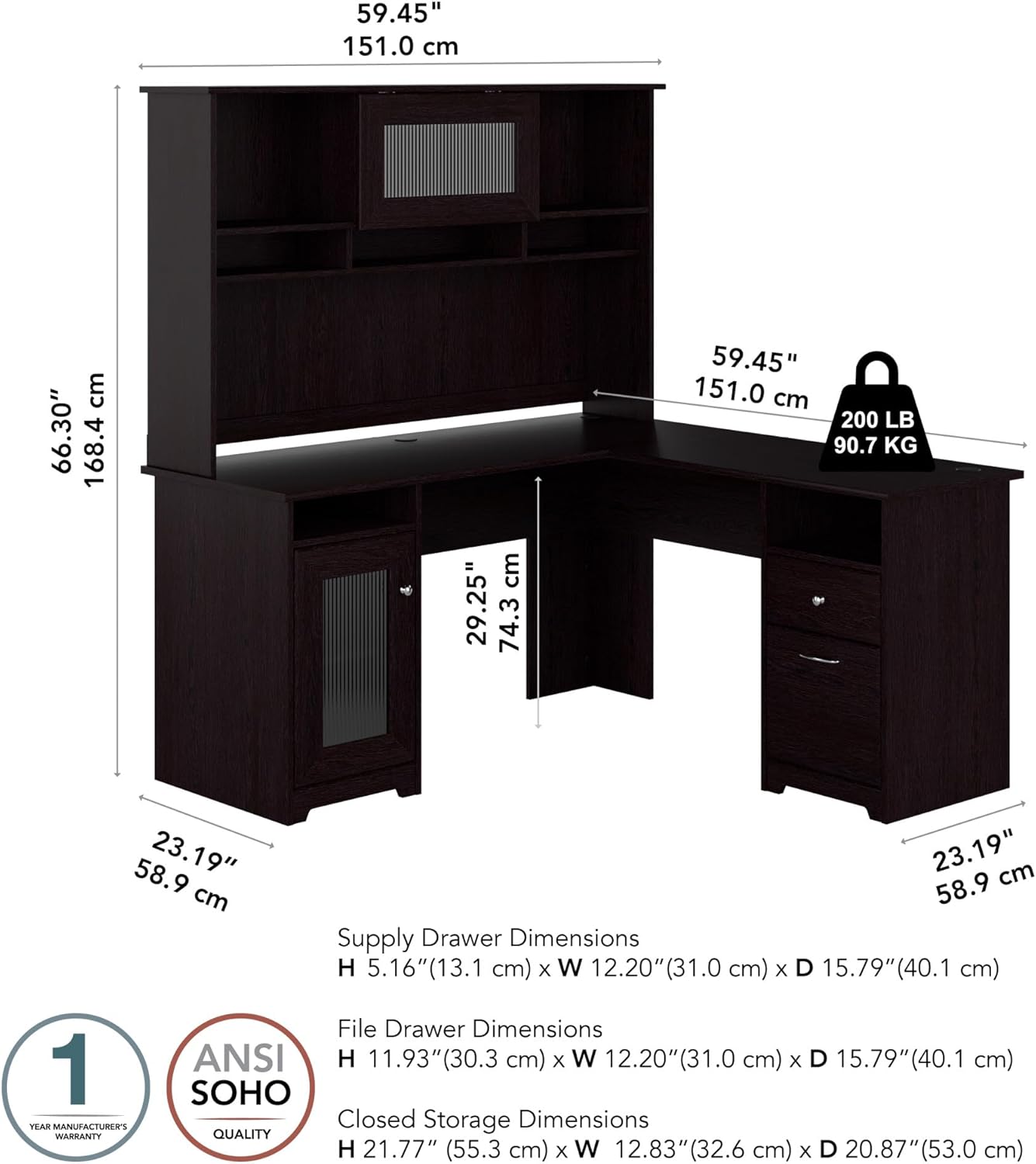 Bush Furniture Cabot L Shaped Computer Hutch, Corner Desk with Storage for Home Office, 60W, Espresso Oak