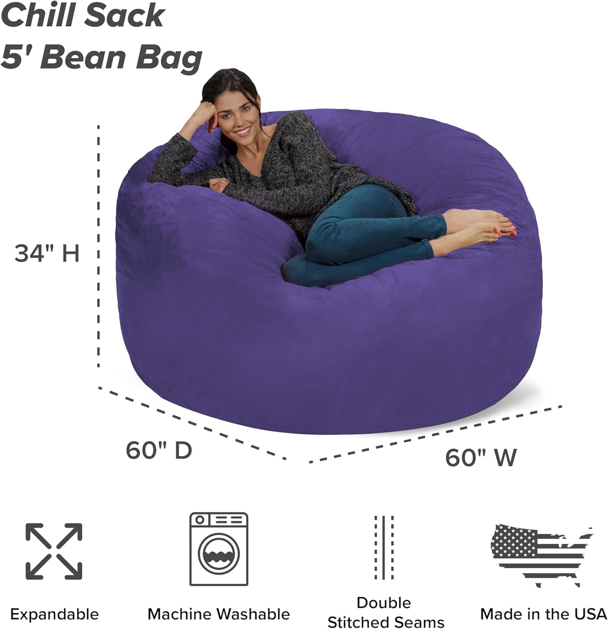 Chill Sack Bean Bag Chair - 5' Giant Memory Foam Lounge Chair with Soft Microfiber Cover – Cozy Furniture for Living Room, Dorm, & Kids' Rooms – Comfortable 5 Ft, Microsuede Lounge Sofa, Purple