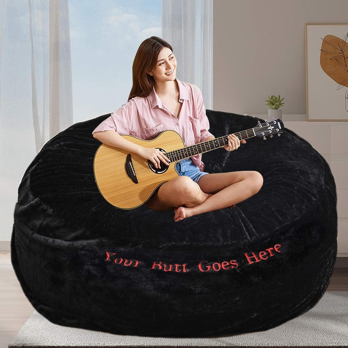 BCU Bean Bag Cover with Embroidered Words Comfy Beanbag Chair for Adults Without Filler Faux Fur Lazy Sofa Cover for Living Room Chairs, Black, 3.5FT