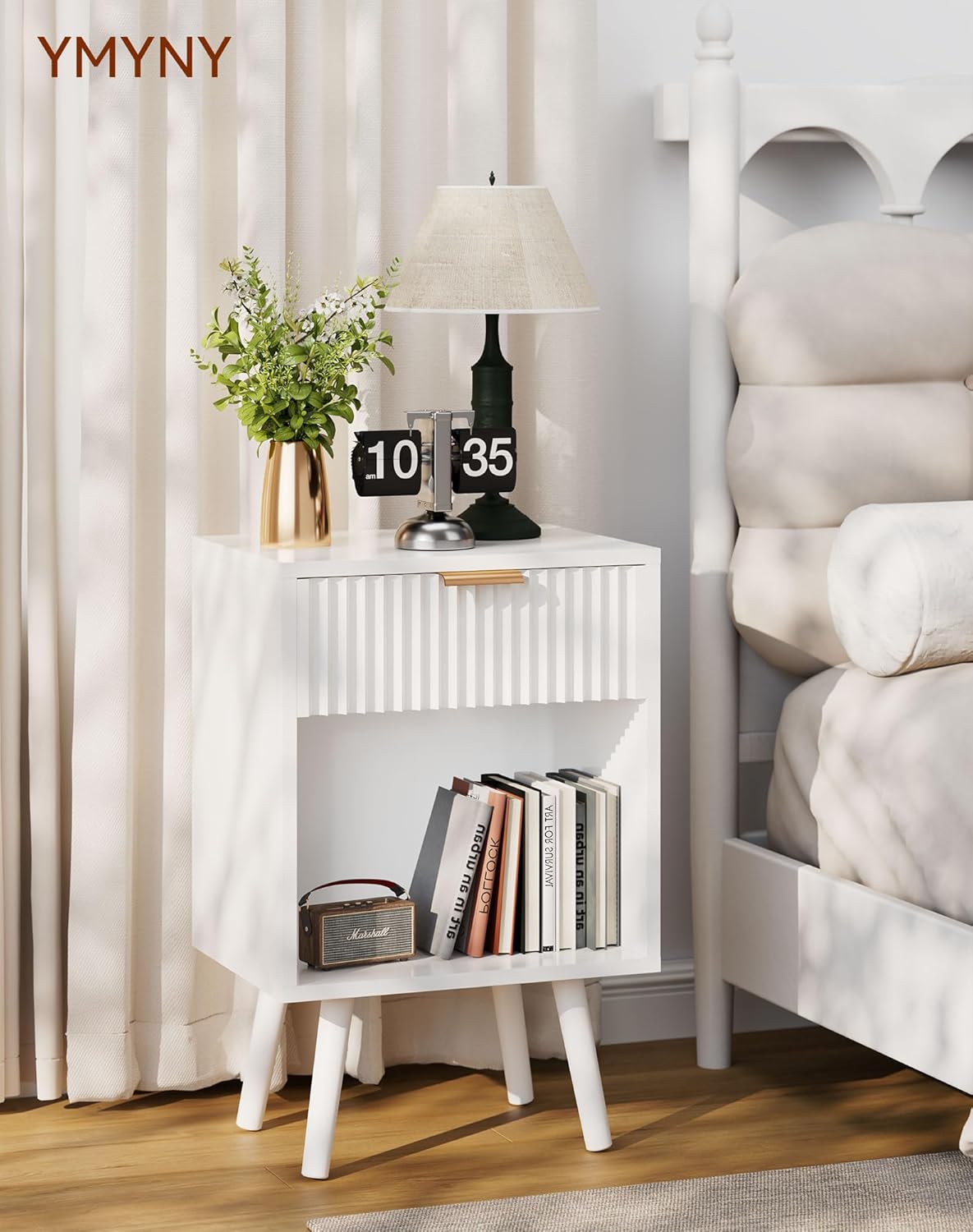 YMYNY Mid Century Modern Nightstand, Side Table, Fluted Night Stand with Drawer, Open Shelf Unit, Golden Handle, Solid Wood Legs, Bedside Table, for Bedroom, White UHST013W