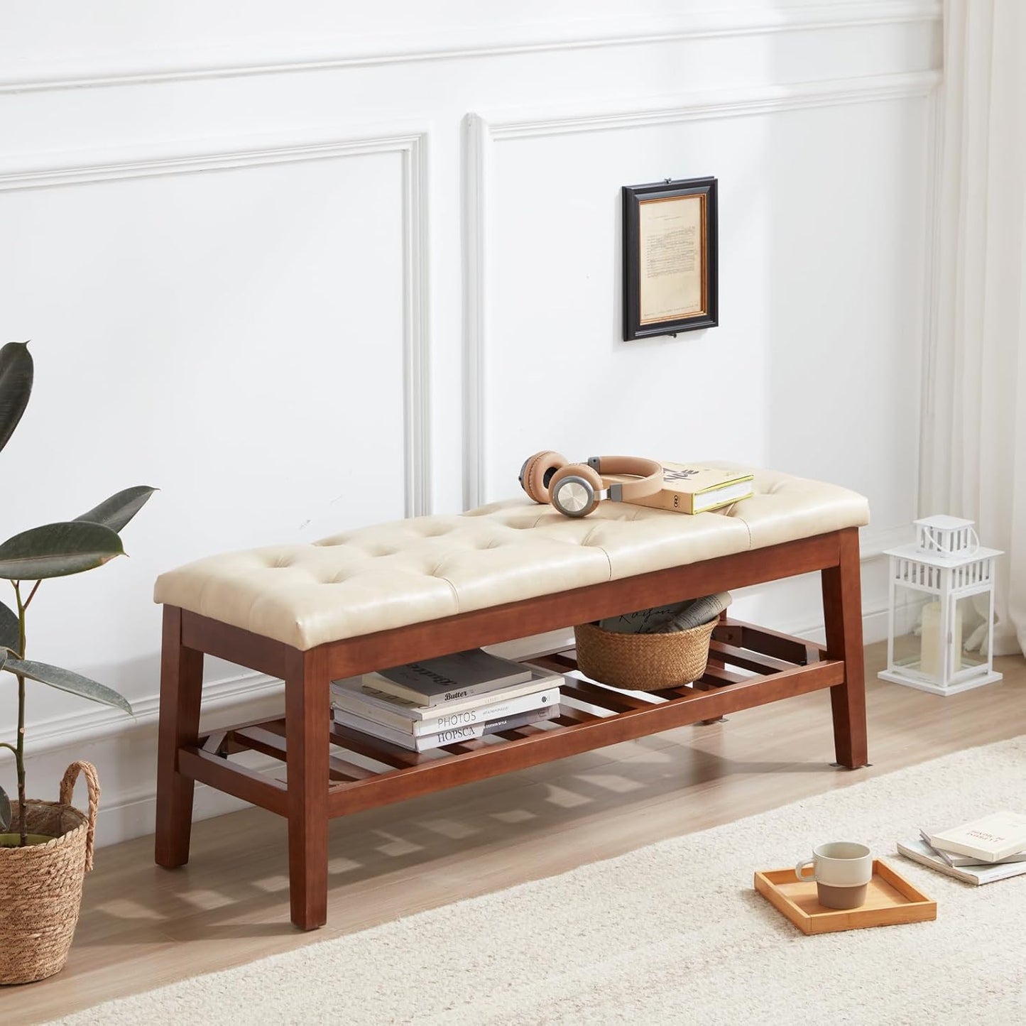 Upholstered Shoe Bench Entryway Bench for Bedroom, End of Bed, Ottoman Bench Tufted Padded Seat with Solid Wood Shelf for Living Room, Faux Leather Ivory