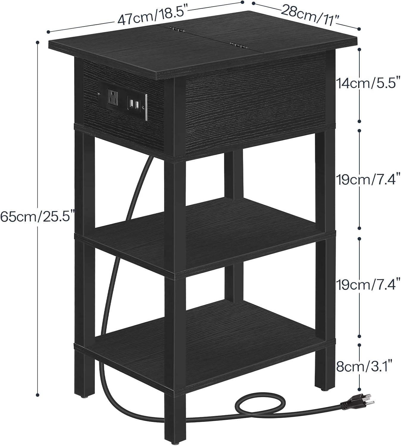 HOOBRO End Table with Charging Station, Flip Top Side Table with USB Ports, Narrow Nightstand Bedside Tables with Storage Shelves, for Small Space, Living Room, Black BK141UBZ01
