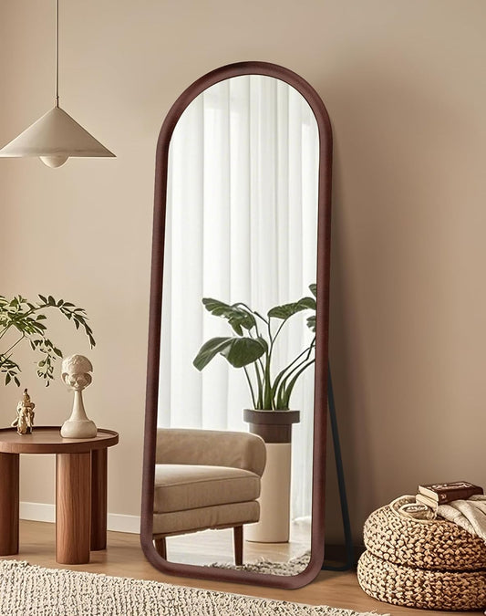 Delma Arched Full Length Mirror, Free Standing Floor Plush Flannel Frame Mirror for Leaning or Hanging, Soft Touch Bedroom & Living Room Decor, Dark Brown