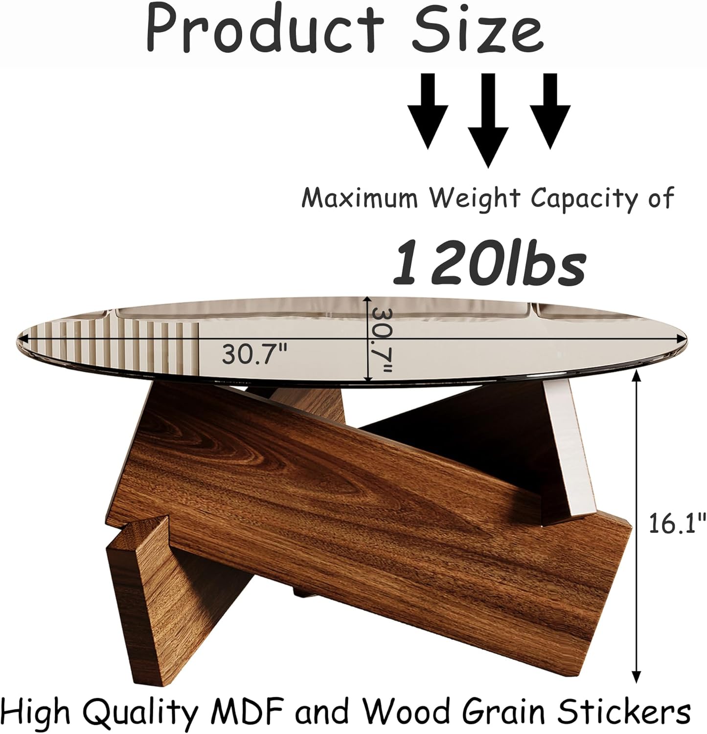Honyee Morden Rounded Coffee Table, 30.7" x 30.7" x 16.1" Tempered Glass Top for Living Room, Color: Walnut