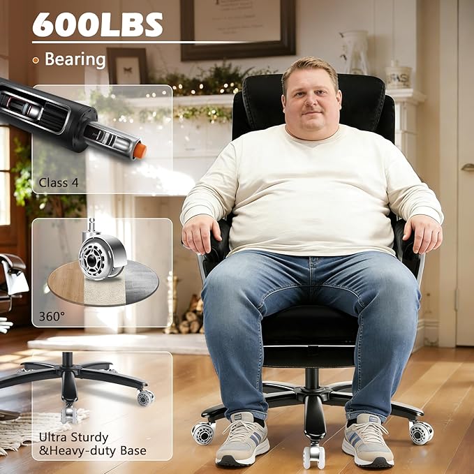 600LBS Reclining Heavy Duty Office Chair with 5D Flip Arms, Big and Tall Office Chair with Pocket Spring Cushion, Large High Back with Adjustable Lumbar Support,Dual Rubber Wheel