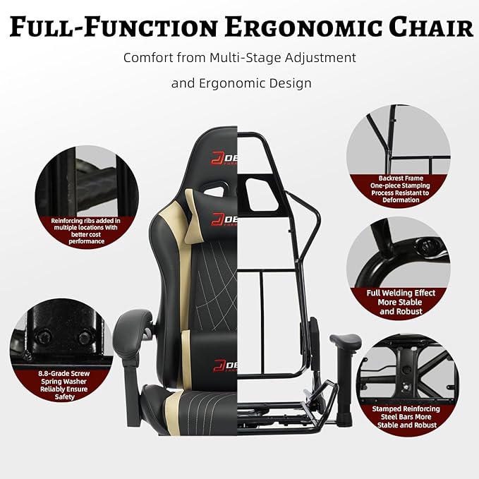 Ergonomic Gaming Chair with Footrest and Lumbar Massage, Racing Office Chair, High Back Computer Desk Chair with Headrest Pillow for Adults, Video Game Chair for PC Gamer (1001-Beige)