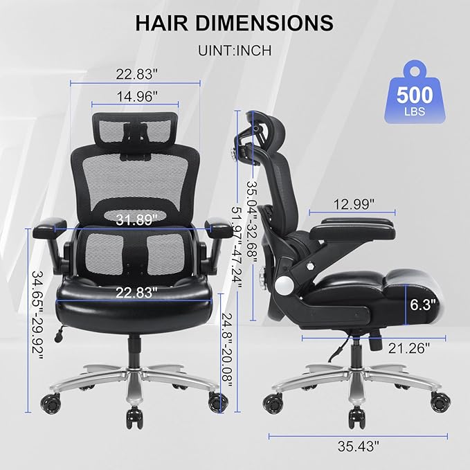 Big and Tall Ergonomic Office Chair 500lbs,High-Back Mesh & PU Leather Chair with 3D Headrest,3D Armrests, Adjustable Lumbar Support,Wide Seat Heavy Duty Executive Cpmputer Chair,Black