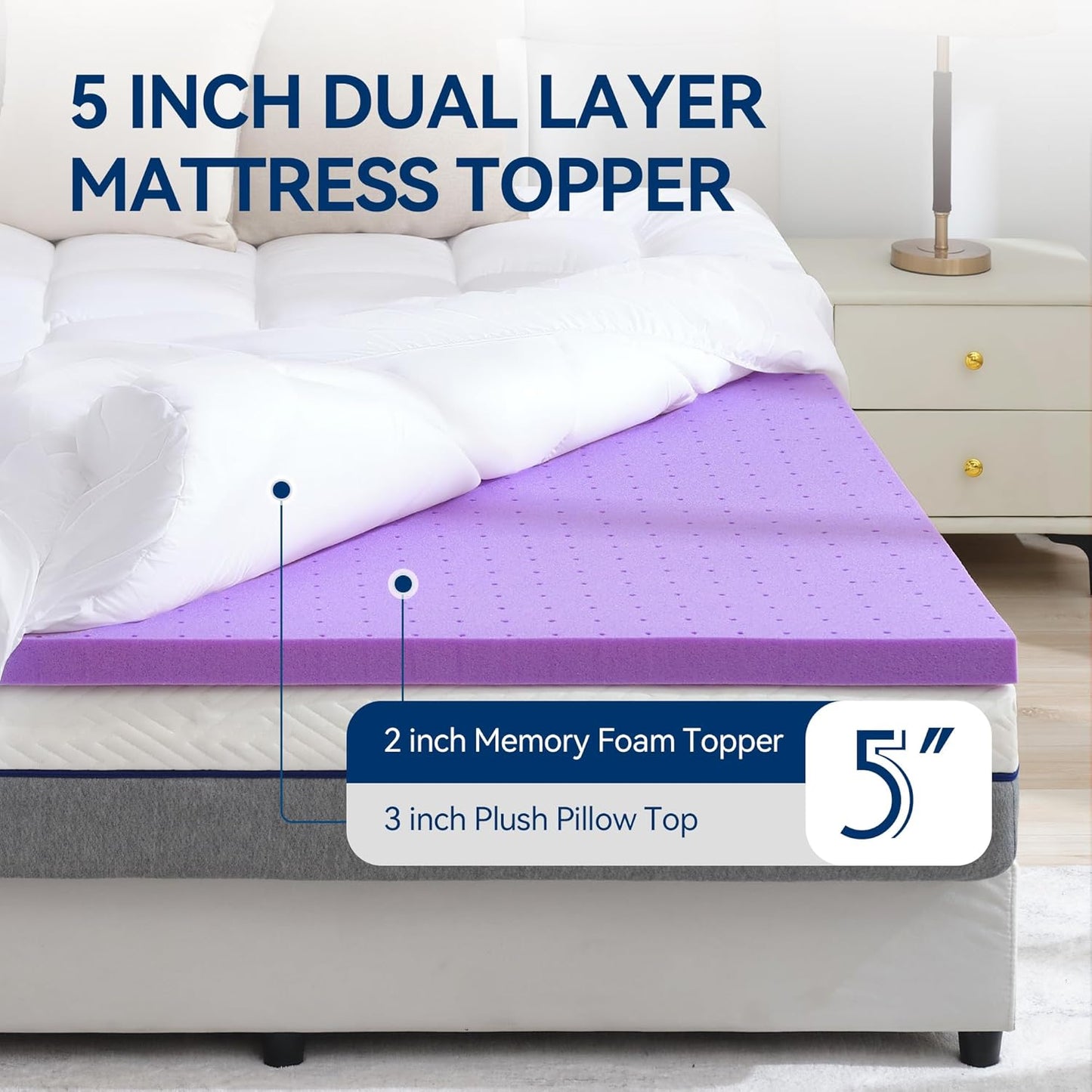 BDEUS Dual Layer 5 Inch Memory Foam Mattress Topper California King Size, 2 Inch Gel Memory Foam Plus 3 Inch 1450 GSM Down Alternative Quilted Pillow Top Mattress Pad Cover,White