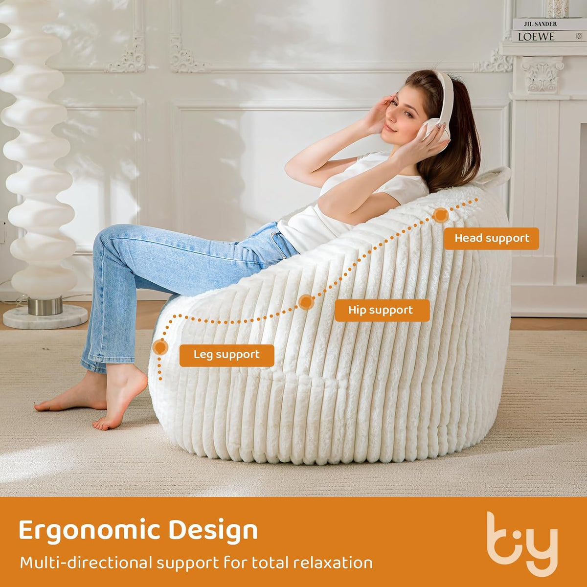 BYBYME Giant Bean Bag Chair for Adults and Kids, Large Comfy Cozy Beanbag, Floor Sofa for Teens, Living Room, Gaming, Reading, Beige
