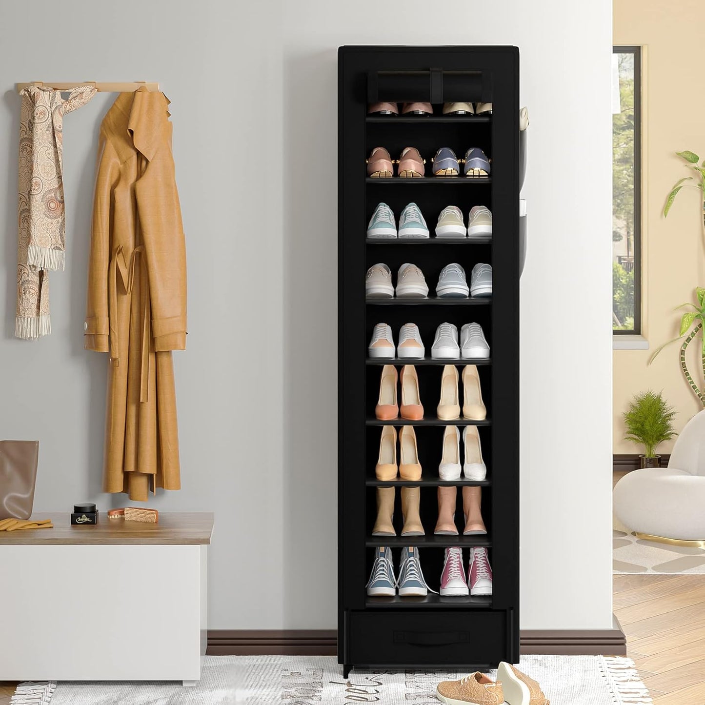 Shoes Rack 10 Tier Tall Shoe Rack Narrow Shoe Rack with Storage Box,Fabric Covered Metal Shoe Rack Organizer for Closets
